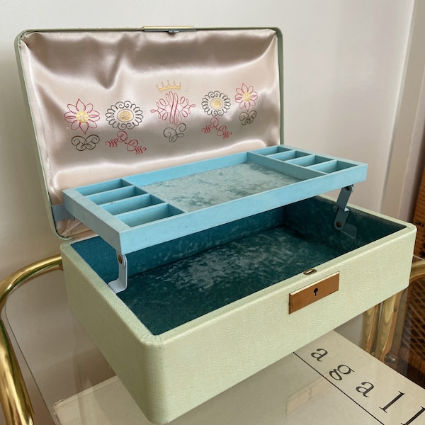 Vintage Mint Green Velvet Lined Jewelry Box | 1950s Retro Trinket Box | Farrington