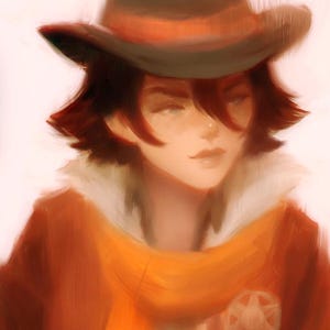Puede incluir: Ilustración digital de una persona con sombrero de vaquero, chaqueta roja y bufanda naranja, sosteniendo un arma. La obra de arte tiene un estilo pictórico con una paleta de colores cálidos, con una insignia de sheriff en la chaqueta.