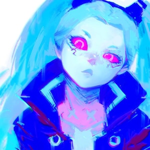 May include: A digital painting of a woman with blue hair and a blue and black jacket. Her eyes are red and she has a pink and white design on her neck.