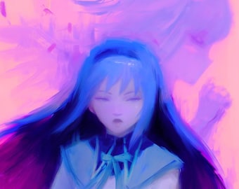 May include: A digital painting of a character with long dark blue hair, wearing a white and blue collared outfit, holding a small white creature with glowing pink eyes. A faint, ethereal purple silhouette appears behind the central figure.