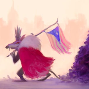 Puede incluir: Una ilustración digital de un personaje de rata con una capa roja vibrante que lleva una bandera con rayas amarillas y rojas y un triángulo azul con una estrella blanca. La rata está junto a un gran montón de escombros de color morado oscuro.