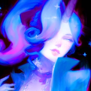 Op de afbeelding: Digitale kunst van een vrouw met een eenhoornhoorn, blauw haar en een blauwe jas. Het kunstwerk toont een stervormige hanger en een ketting. Het kleurenpalet omvat tinten blauw, paars en roze, met een donkere achtergrond.