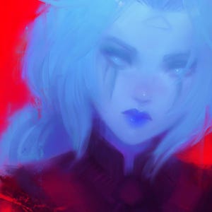 Op de afbeelding: Digitaal kunstportret van een persoon met een lichtblauwe huid, wit haar en blauwe lippen. De figuur heeft donkere markeringen onder de ogen en staat tegen een rode achtergrond. Het kunstwerk heeft een fantasiethema.