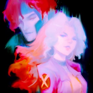 Pode incluir: Impressão de arte digital com duas figuras em cores vibrantes. Uma figura tem cabelo vermelho e rosto azul, enquanto a outra tem cabelo branco e uma jaqueta rosa com um emblema laranja e amarelo. O fundo é preto.