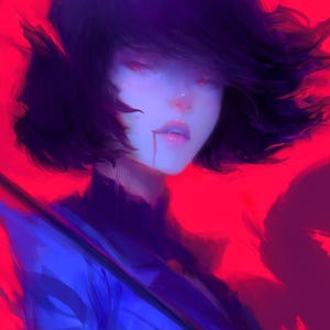 May include: Digital art portrait of a person with short black hair and red eyes, set against a vibrant red background. The person is wearing a blue outfit, with a streak of blood on their face. The artwork has a dramatic, stylized aesthetic.
