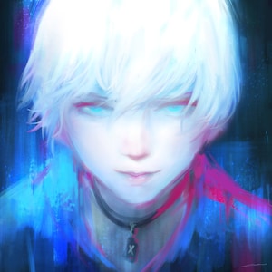Peut inclure: Portrait numérique d'une personne aux cheveux blancs et aux yeux bleus brillants. L'œuvre présente une palette de couleurs bleue et rose, avec un collier et un pendentif noirs. L'expression de la personne est intense, avec un léger sourire.