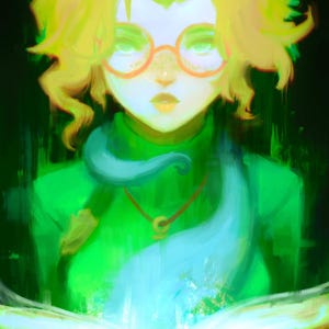 May include: Digital painting of a person with yellow hair and orange glasses, wearing a green turtleneck and a necklace. The person is looking forward, with a book open in front of them, emitting a blue glow. The background is dark green.