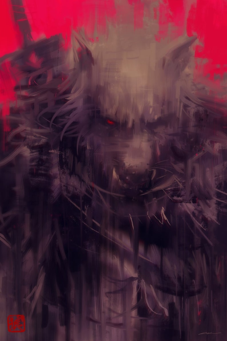 May include: Abstract painting of a wolf-like creature with glowing red eyes against a red background. The artwork uses dark, textured brushstrokes in shades of purple, black, and grey, creating a sense of mystery and intensity. The style is reminiscent of expressionism.
