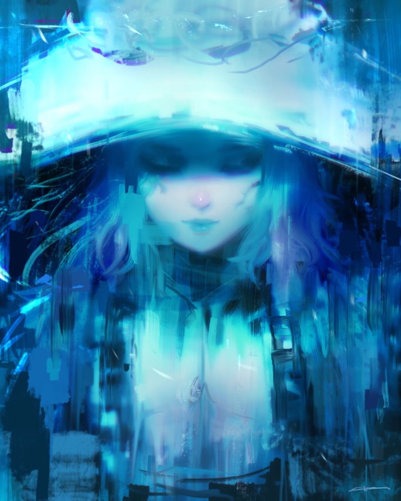 May include: A digital painting of a person with blue hair wearing a white hooded cloak. The background is a blue and white abstract design.
