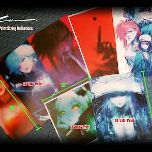May include: A collage of five different art prints with various sizes and designs. The prints feature a variety of subjects, including a woman with blue hair, a woman with green hair, a woman with red hair, and a group of people. The prints are labeled with their dimensions in inches, such as "12"x18" Print" and "12"x15" Print".