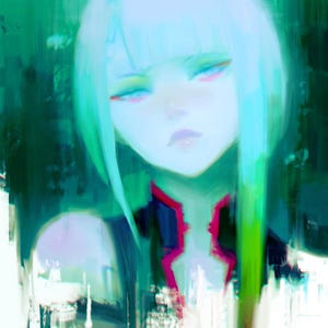 Peut inclure: Peinture numérique artistique d'une personne à la peau pâle, aux cheveux bleus et au maquillage des yeux rouge et bleu. La personne porte un haut noir avec des accents rouges. L'arrière-plan est un mélange de coups de pinceau verts et blancs.