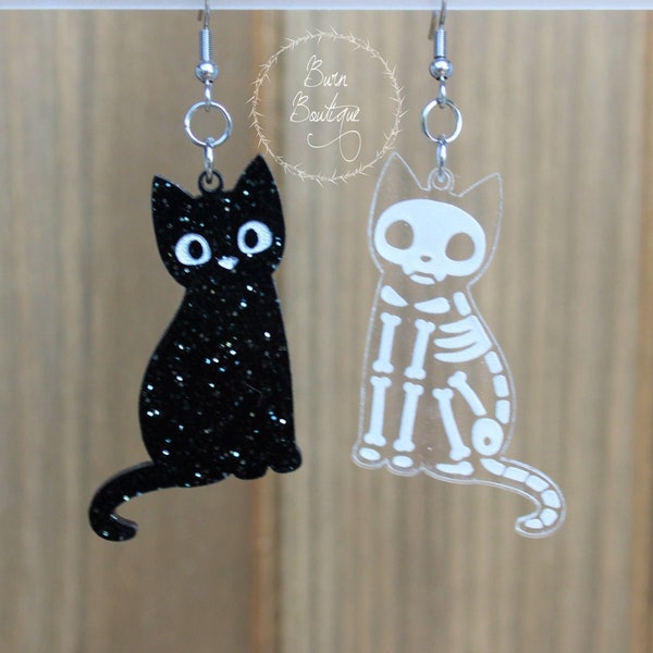 Acrylic Black Cat Skeleton Earrings, Halloween Jewelry, Spooky Kitty, Galaxy, Silver Glitter, October 31st, Costume, Love Cats, Animal Shape