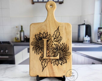 Floral Monogram Cutting Board, Custom Christmas Gift for Her/Mom/Grandma, Peony, Sunflower, Wooden Charcuterie, Personalized Wedding Kitchen