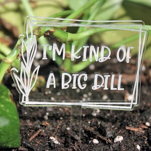 May include: A clear acrylic plant marker with the text "I'm kind of a big dill" etched in white. The marker is placed in the soil of a potted plant.