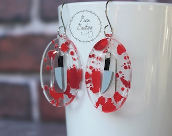 Edgy Blood Splatter Dangle Earrings w/ Knife Glitter Drip, Unique True Crime Jewelry, Halloween Horror Present, Fun Murder Mystery Gift