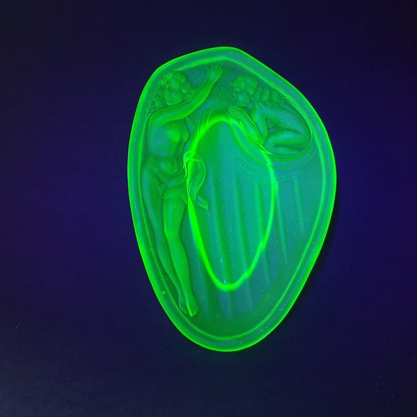 NEW LISTING Striking and Rare Art Deco S Reich Uranium Frosted Green Glass Maidens Dish