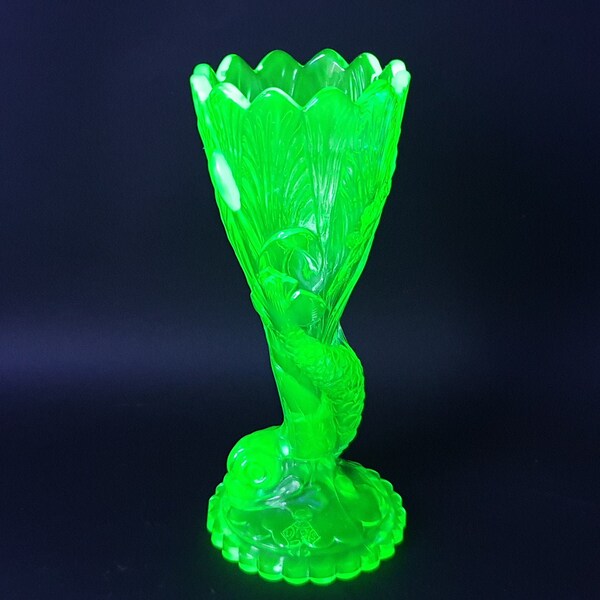 NEW LISTING Striking and Rare Victorian Percival Vickers Uranium Green Glass Dolphin Fish Vase