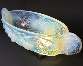 NEW LISTING Stunning and Extremely Rare Lalique Style Art Deco Opalescent Opalique Glass Large Jobling Oval Bird Handled Jardiniere