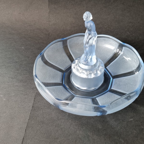 NEW LISTING Stylish Art Deco Blue Glass September Morn Centrepiece Set of Bowl, Figure and Frog