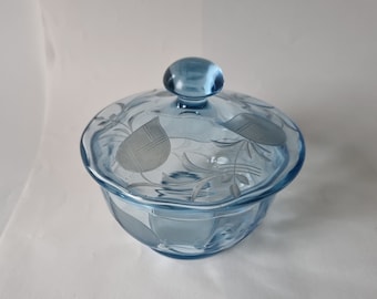 NEW LISTING High Quality Art Deco Blue Glass Powder Pot with Etched Floral Design Possibly Czech