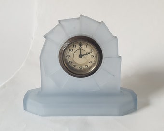 Striking Art Deco Bagley Blue Frosted Glass Wyndham Clock