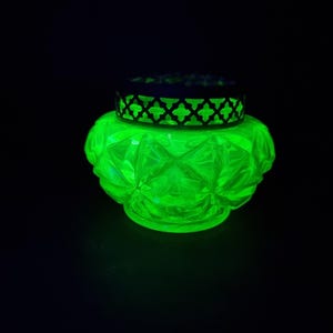NEW LISTING Striking Art Deco Uranium Green Glass Rose Bowl Vase with Metal Lid - Possibly Webbs