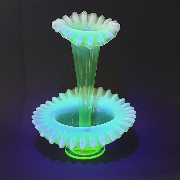 Striking Small Victorian EAPG Vaseline Uranium Green One Piece Epergne Possibly by Fenton