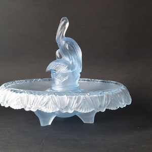 Beautiful Art Deco Walther & Sohne Frosted Blue Glass &#39;Pelikan&#39; Figurine, Frog and Bowl