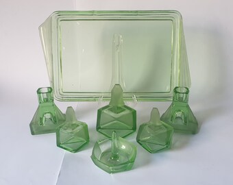 Stylish Complete Art Deco Uranium Part Frosted Glass Dressing Table Set -  Possibly Stolzle