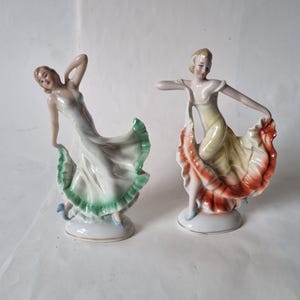 NEW LISTING Delightful Pair of Art Deco Ceramic Dancing Ladies With Pink and Green Dresses - Made in Germany c 1930&#39;s