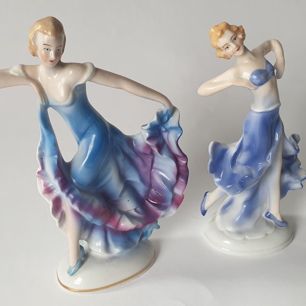 FLASH SALE 20% OFF Delightful Pair of Art Deco Ceramic Dancing Ladies With Blue and Purple Dresses - Made in Germany c 1930's