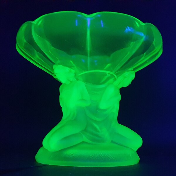 NEW LISTING Very Rare Large Art Deco Uranium Part Frosted "Three Maidens" Green Glass Comport c.1930's