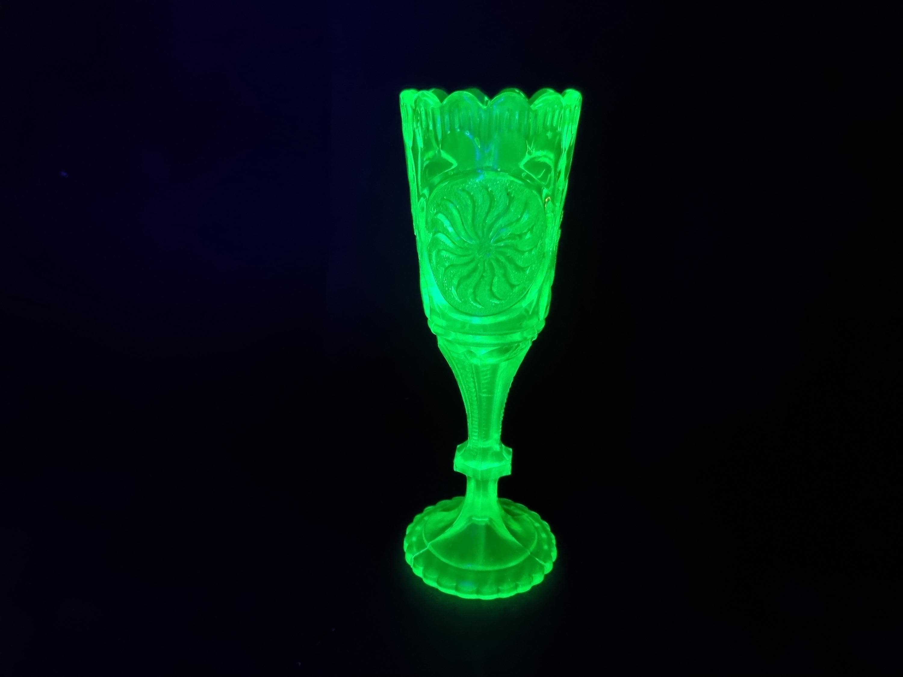 Striking Victorian Uranium Emerald Green Glass Celery Chalice Vase Sunflower Design by Henry Greener c. 1880