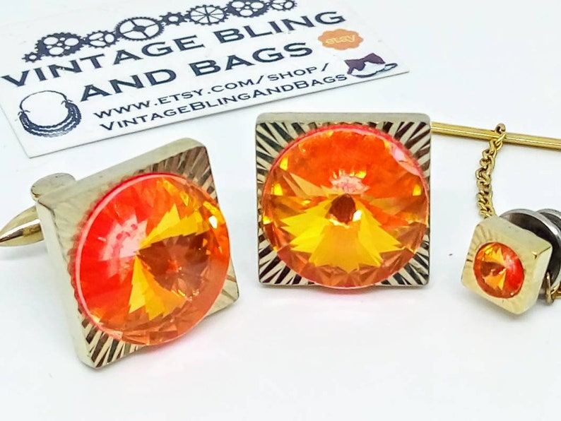 Vintage cufflinks set 1970 tie pin vintage wedding cufflinks 19mm 1970s neon orange cufflinks and tie tack vintage orange cufflinks set