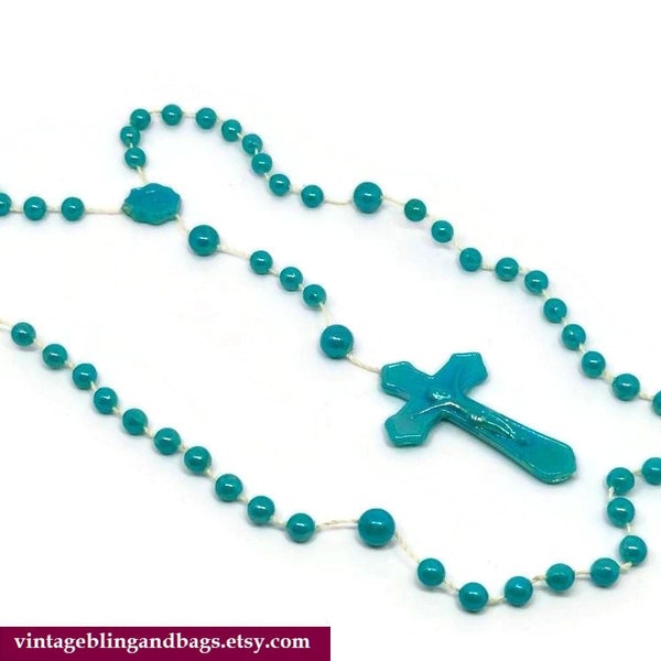 76cm NEW OLD STOCK turquoise 1960s vintage rosary beads, green crucifix pendant, vintage rosary necklace, prayer beads, first communion gift