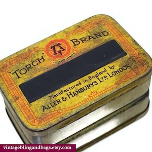 Vintage 1950s Torch brand advertising tin, vintage medicine tin, vintage midcentury advertising tin, vintage storage tin, pharmaceutical tin