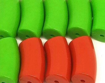 9 1980s 33x17mm bright green plastic beads, vintage red plastic beads, vintage curved beads, curved green beads, curved red beads, red beads