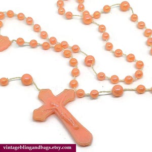 76cm peach 1960s vintage rosary beads, iridescent pink rosary beads, Vintage RCIA gift, midcentury rosary necklace,  first communion gift