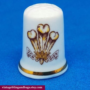 Vintage Prince of Wales thimble, vintage sewing thimble, royal memorabilia thimble, Fontygary bone china thimble, Welsh pottery thimble