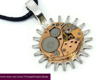 Upcycled watch movement steampunk pendant on 48cm cord, handmade steampunk necklace, handmade steampunk necklace, steampunk jewellery #4