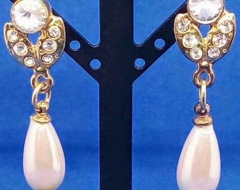 43x12mm 1980s vintage teardrop earrings, rhinestone drop earrings, vintage faux pearl teardrop earrings, wedding earrings, gift for her