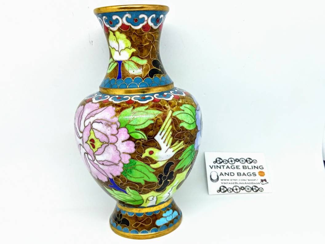 Image of 16cm Vintage Cloisonne Vase Vase, Floral Brown Vintage Homeware, Antique Cloisonne, Enamel
