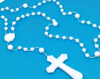 1960s vintage white rosary crucifix pendant, NEW OLD STOCK, 1960s rosary beads necklace, 1960s rosary prayer beads, confirmation gift