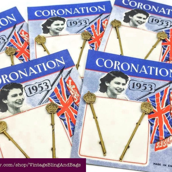 1953 Queen Elizabeth ii coronation souvenir Bobby pins, royal memorabilia, Queen Elizabeth ii RIP, vintage Queen Elizabeth ii jewellery