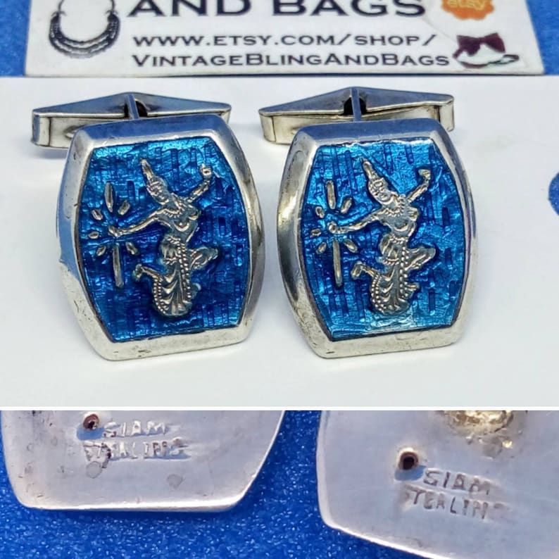 Vintage silver cufflinks vintage 1960s cufflinks 30x28mm 1960s sterling silver cufflinks blue enamel cuff links Siam silver cufflinks