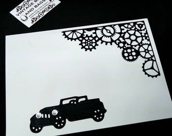 Handmade card, blank card, steampunk card, masculine card, cards for men, cars, paper cut card, vintage car card, card, mens birthday card