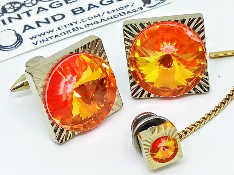 Vintage cufflinks set 1970 tie pin vintage wedding cufflinks 19mm 1970s neon orange cufflinks and tie tack vintage orange cufflinks set