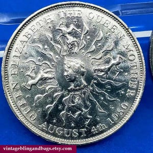 1980 Vintage Queen Mother 80th Birthday crown, vintage Queen Mother commemorative coin, vintage royal souvenir coin, royal memorabilia