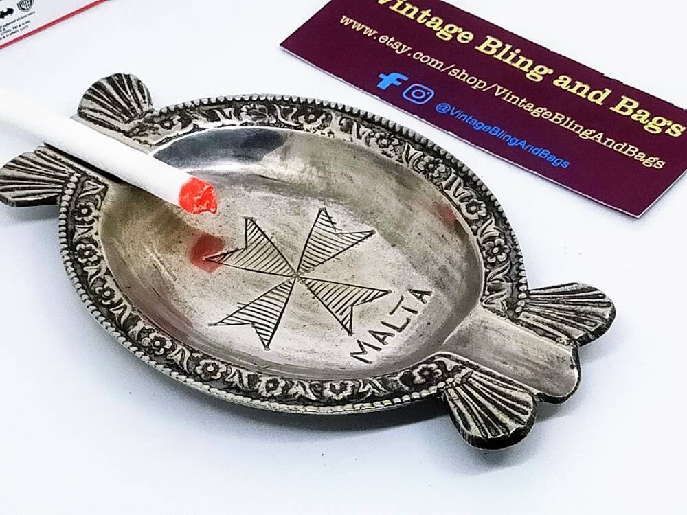 Image of 117x68mm Vintage Malta Ashtray, Epns Silverplated Ash Tray, Vintage Tobbaciana, Souvenir