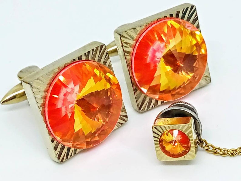 Vintage cufflinks set 1970 tie pin vintage wedding cufflinks 19mm 1970s neon orange cufflinks and tie tack vintage orange cufflinks set